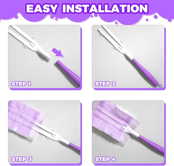 3PCS Duster Refills Folding Handles Set Compatible with Swiffer Dusters,Disposable Static Dust Removal Brush Handle for Dusting Electronics,Furniture,Blinds,Ceiling Fans (3, Purple)