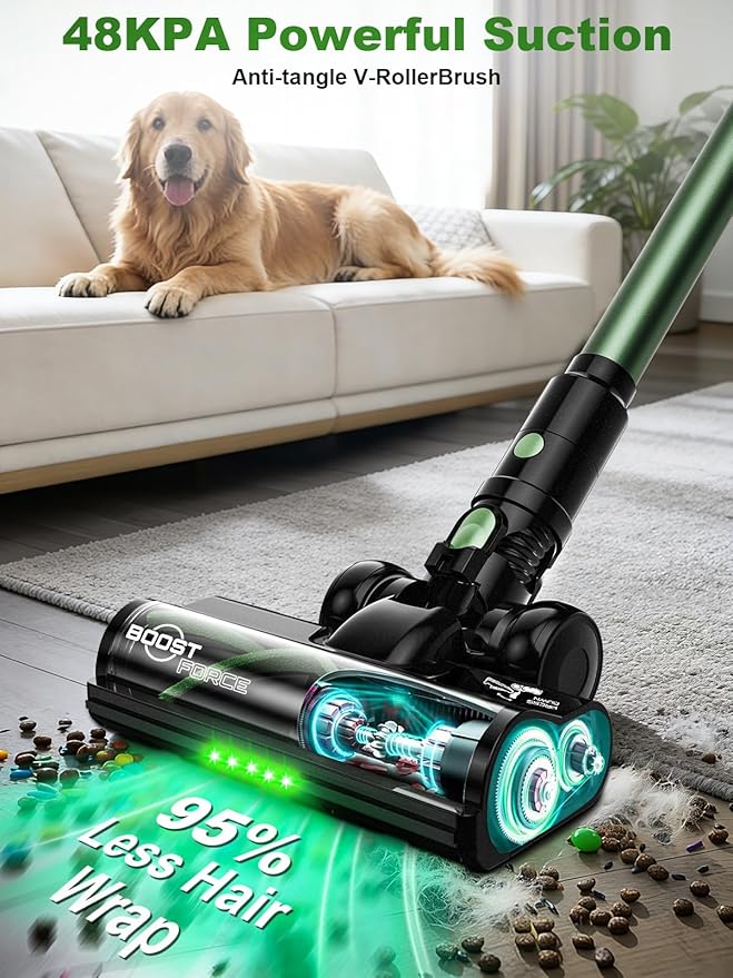 Cordless Vacuum Cleaner, 58Kpa Vacuum Cleaners for Home, 55Mins Stick Vacuum with Self-Standing & LED Display, Anti-Tangle & Wall Mount Charging (Green)