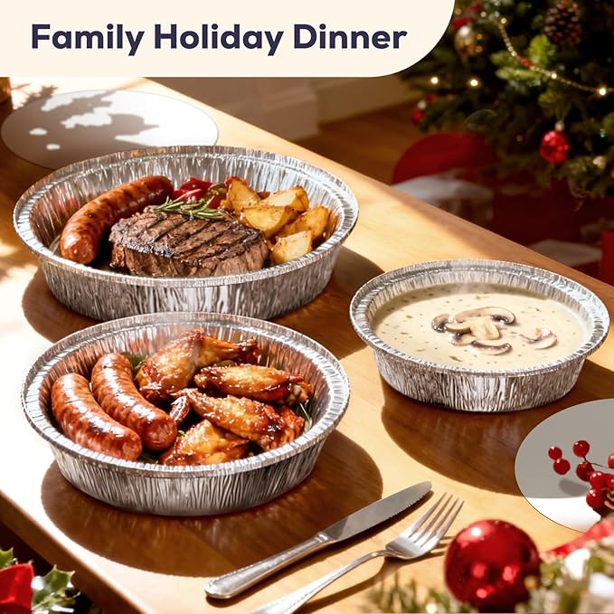 Fit Meal Prep 50 Pack 8” Round Aluminum Foil Pans with Lids, 8 inch Take Out Containers with Cardboard Covers for Freshness, Heavy Duty Disposable Baking Pie Pan for Cooking, Freezer & Oven Safe