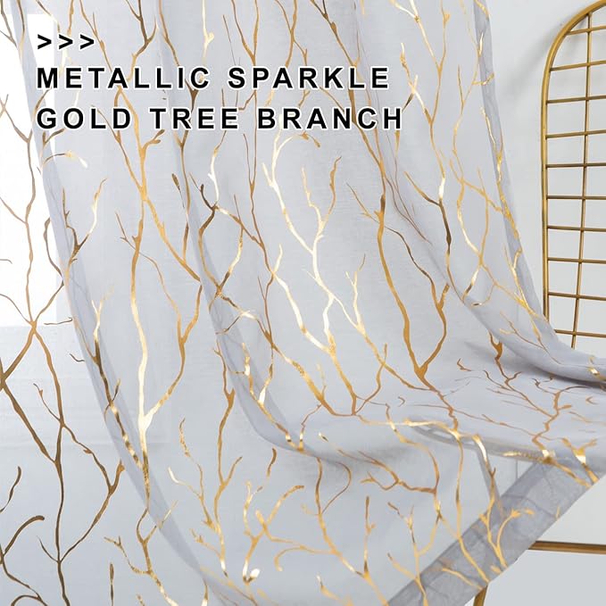 FINECITY Gold Grey Sheer Curtains 96 Inches - Metallic Gold Foil Tree Branch Curtains Rod Pocket Privacy Voile Drapes for Living Room, 52 x 96 Inch, 2 Panels, Gold and Gray