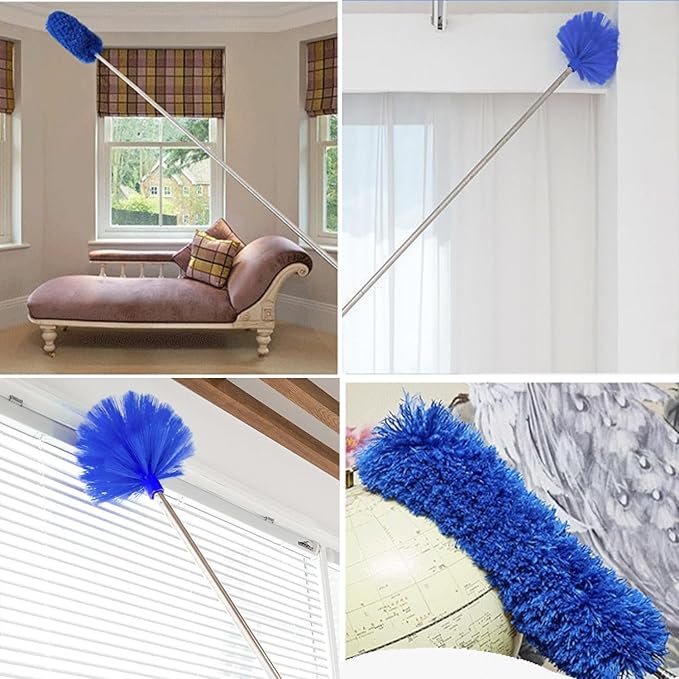 Cobweb Duster with Extension Pole, Ceiling Cob Web Cleaner Kit with 2 Duster Heads, 15-100 Inch Telescopic Microfiber Cleaning Duster, Long Corner Duster Tool for High Walls, Fans, Blinds Blue