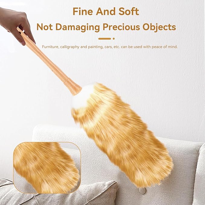 Lambswool Duster, 20.9in Lambs Wool Duster with Solid Wooden Handle Anti Static Lambswool Feather Brush for Cleaning Ceiling Fans, Window Blinds and Bookshelves