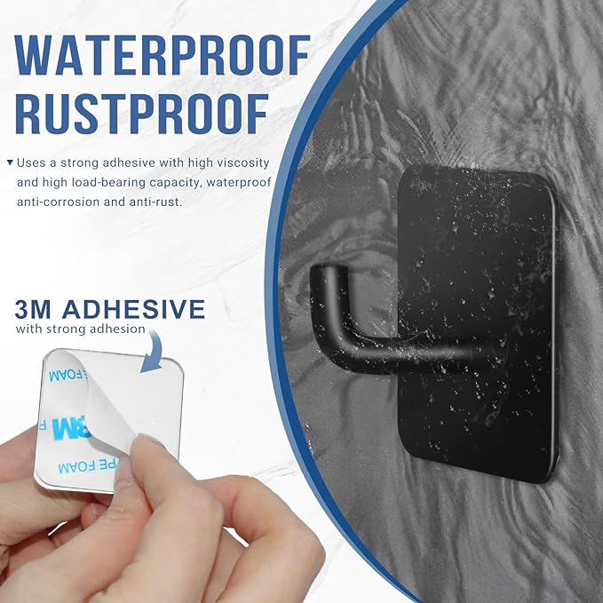 Adhesive Hooks for Bathrooms, 4 Piece Towel Hooks for Hanging Hat Robe Coat, Stick on Hooks for Kitchens, Strong Self-Adhesive No Damage Waterproof Stainless Steel Sticky Hook (Black)