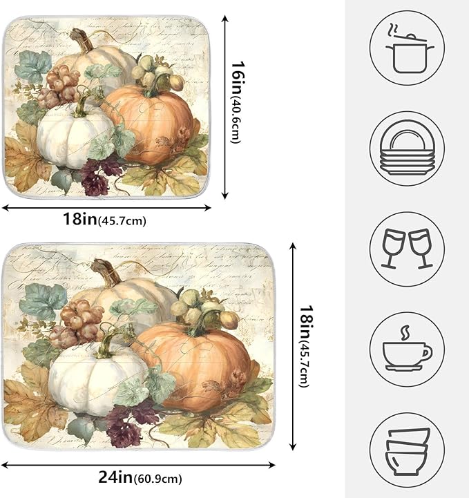 Autumn Pumpkin Fall Leaves Thanksgiving Dish Drying Mat for Kitchen Counter Absorbent Microfiber Small Drying Pad Dish mats for Kitchen Countertops 16 x 18 Inch