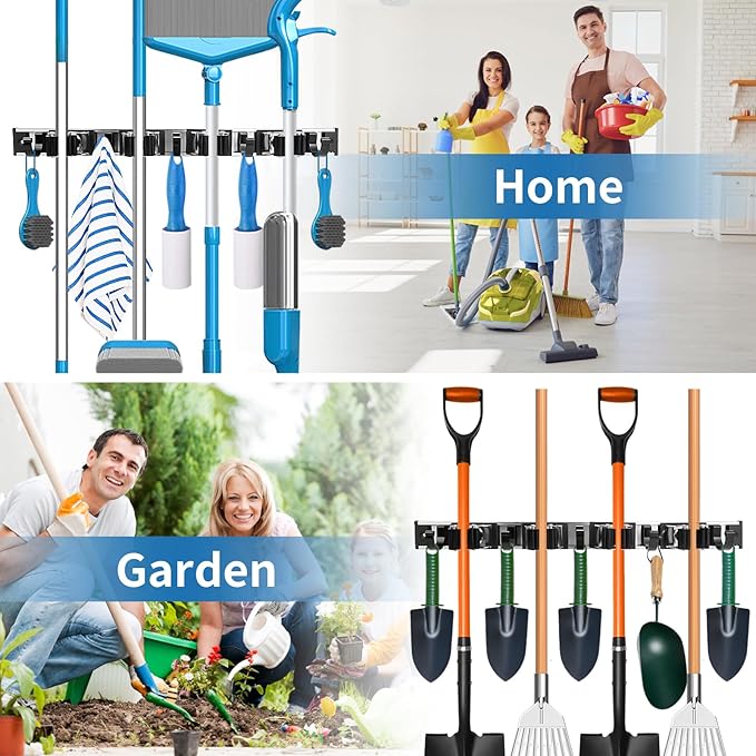 Piyl Broom Mop Holder Wall Mount Broom Hanger Wall Mounted Metal Organization Garage Storage Garden Kitchen Tool Organizer With 4 Racks and 5 Hooks (Silver, 1 Pack 4R5H)