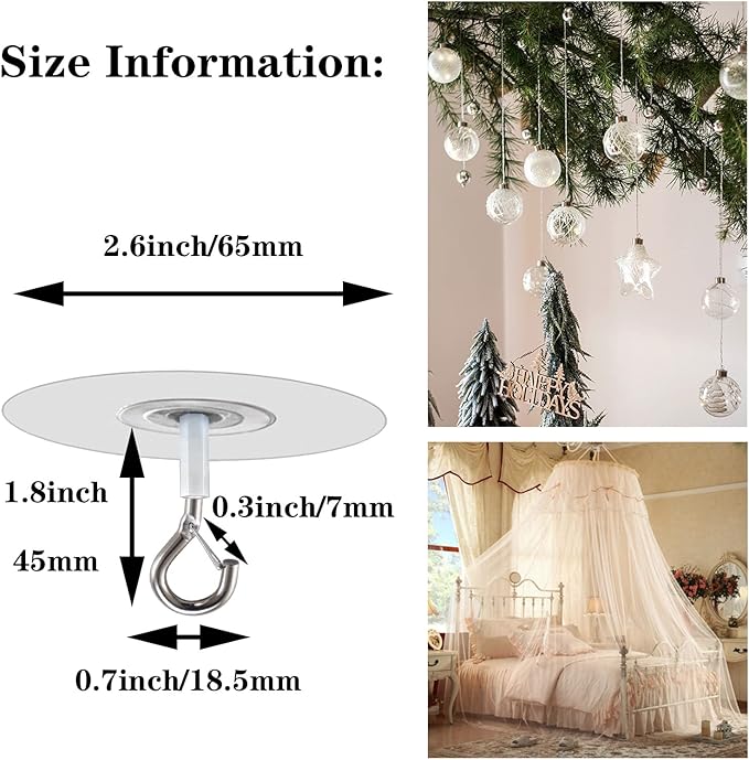 No Hole Adhesive Ceiling Hooks for Hanging Light Plants,Sticky Eye Hooks for Hanging Boby Mobile Curtain,Set of 10 (Round)