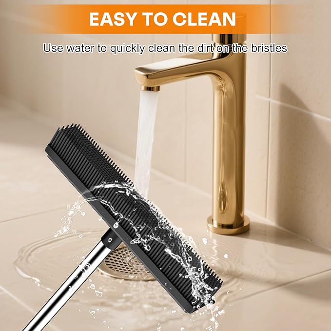 nacena Rubber Broom, 2 in 1 Pet Hair Removal Broom with Squeegee 51-in Adjustable Long Handle Carpet Broom for Cleaning Carpet Hardwood Floor Tile Window, Black