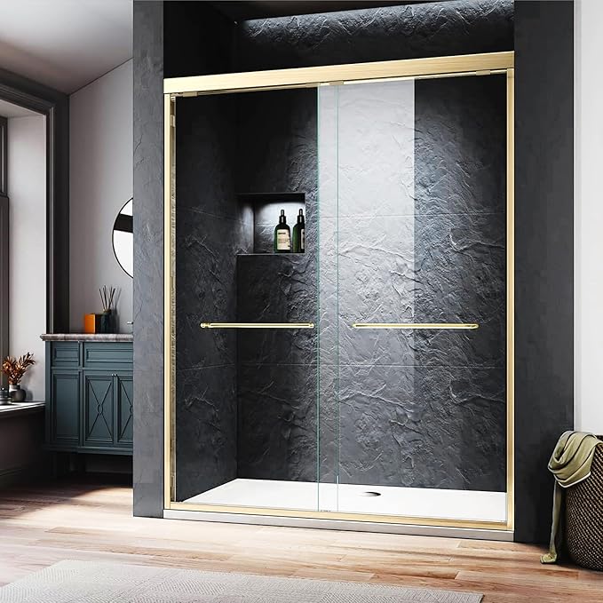 Shower Doors Glass Sliding 44-48 inch W x 72 inch H Bathroom Shower Enclosure Brushed Gold Finish,1/4" Tempered Certified Clear Glass Semi-Frameless Shower Glass Door