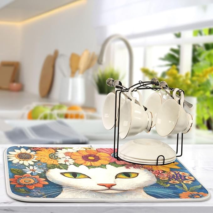 White Cat Colorful Flowers Pattern Dish Drying Mat for Kitchen Counter Super Absorbent Drying Mat 18x24 inch Large Dish Drying Matts for Countertop Protector Dishes Pad