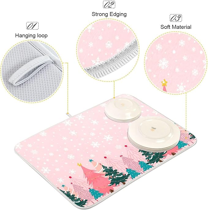Christmas Tree Pink Dish Drying Mat for Kitchen Countertop 18x24 Winter Snowflake White Xmas Large Drying Mat Reusable Quick Dry Dish Sink Mats Easy Clean Decorative Essentials