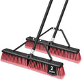 24” Push Broom Outdoor Heavy Duty 2 Pack, Large Commercial Stiff Bristle Brush with 63 inches Long Handle for Garage Shop Garden Yard Patio Deck Street Warehouse Lawn Driveway (Red)