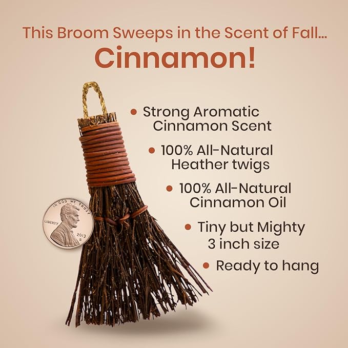 Cinnamon Broom - Cinnamon Scented 3in (1 Pack) Mini Broomsticks - Decorative Witch Broom for Door Protection & Halloween Décor