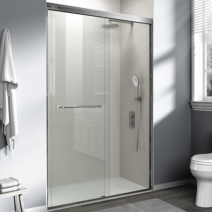44-48 in. W x 72 in. H Double Sliding Shower Door, Semi-Frameless Bypass Bathroom Sliding Door with 1/4" (6mm) Tempered Glass for Walk-in Shower, Brushed Nickel