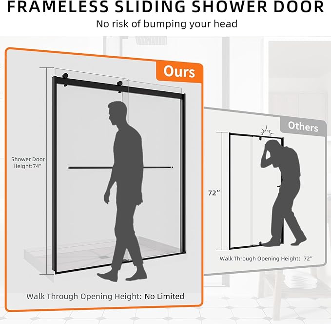 56-60" W x 74" H Frameless Shower Door, Double Sliding Shower Door with 5/16" (8mm) Clear SGCC Tempered Glass, Matte Black Finish Shower Doors, Reversible Installation