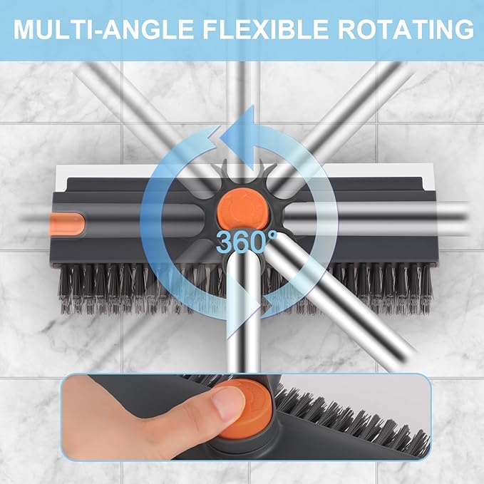 Floor Scrub V Brush with Long Handle 4 in 1 Silicone Scrape and Stiff Bristle Scrubber 360° Cleaning Brush with Tweezers for Shower Bathroom, Patio, Garage, Kitchen, Wall and Deck