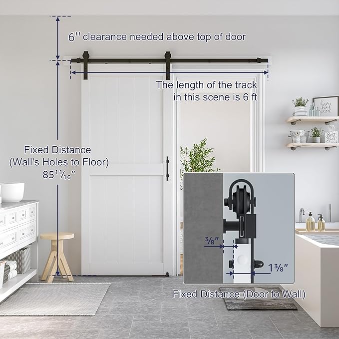 SmartStandard 34 x 84 inch White Sliding MDF Barn Door with 6FT Black Sliding Door Hardware Kit & Handle, Pre-Drilled Ready to Assemble, Waterproof PVC Coating, H-Frame