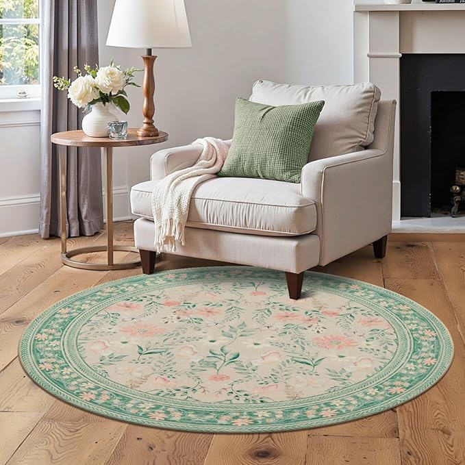 4ft Floral Round Rug, Washable Circle Rug, Green Boho Round Area Rug, Non Slip Low Pile Carpet for Living Room,Bedroom,Entryway,Dining Room,Girls Room,Office and Nursery(Sage Green 4ft)