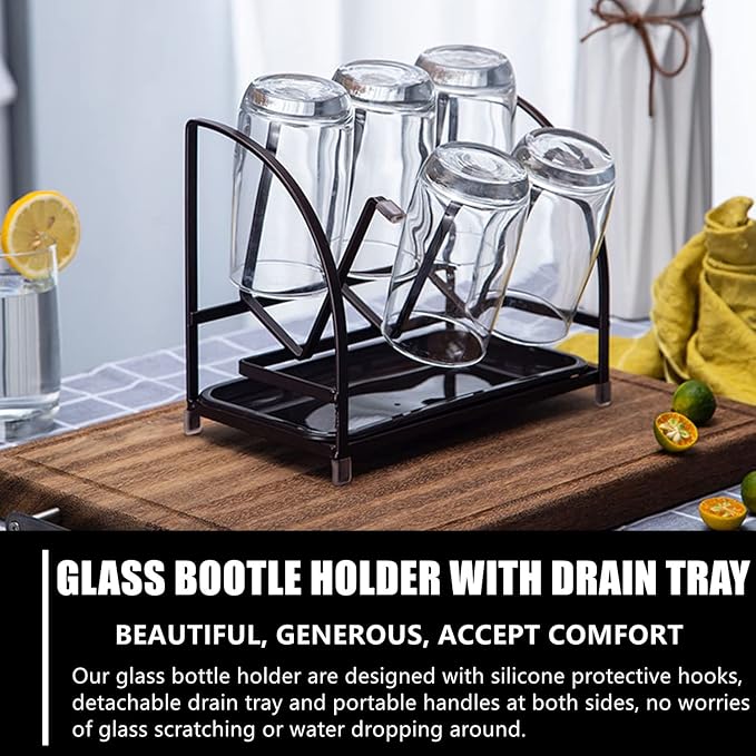 RHBLME 2 Packs Glass Drying Rack, Vertical Bottle Drying Rack Glass Bottle Holder with Drain Tray, Silicone Protective Hooks, Carbon Steel Non Slip Cup Mug Organizer for Glass Coffee Mug Countertop