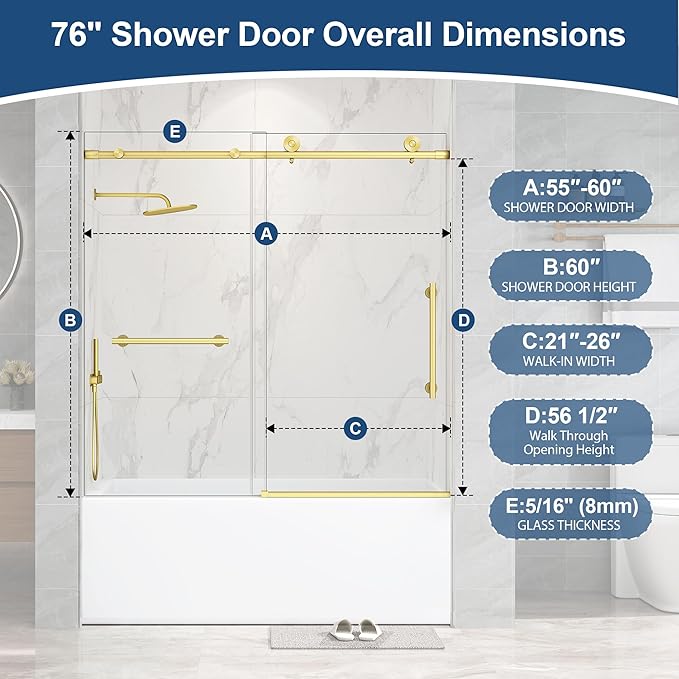 Frameless Tub Sliding Door,5/16" (8mm) Bathtub Shower Door with Soft-Close & Anti-Leak,Nano Coating Anti-Explosion Film SGCC Tempered Glass 55"-60" W x 60" H,Brushed Gold