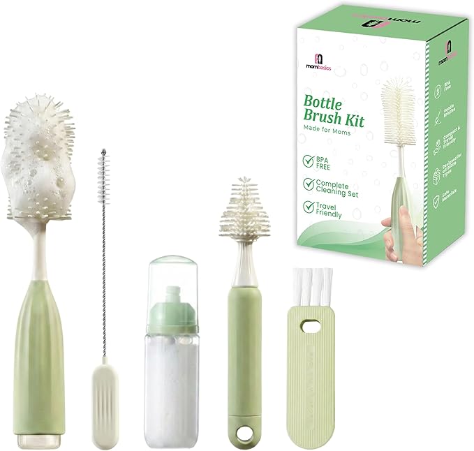 Bottle Brush Set Cleaner Silicone Brushes - Premium Food-Grade Silicone - Travel Friendly Portable Baby Bottle Cleaner Kit (Green, Press Bubble Style)