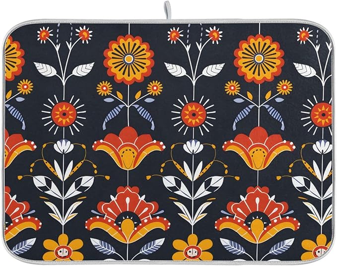 Floral Pattern Traditional Folk Art Dish Drying Mat for Kitchen Counter Absorbent Microfiber Drying Pad, Large 18x24 in, Reversible Drainer Mats