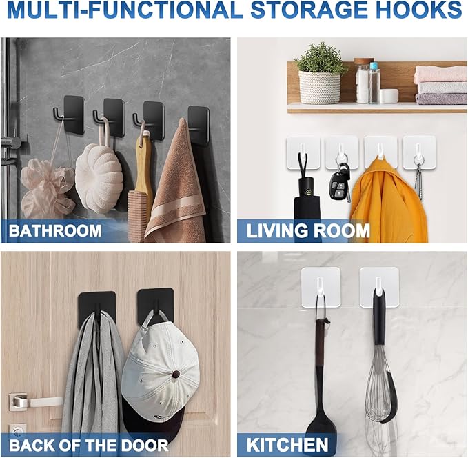 Adhesive Hooks for Bathrooms, 4 Piece Towel Hooks for Hanging Hat Robe Coat, Stick on Hooks for Kitchens, Strong Self-Adhesive No Damage Waterproof Stainless Steel Sticky Hook (White)
