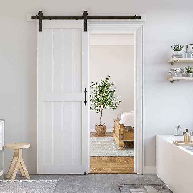 SmartStandard 30 x 84 inch White Sliding MDF Barn Door with 5FT Black Sliding Door Hardware Kit & Handle, Pre-Drilled Ready to Assemble, Waterproof PVC Coating, H-Frame
