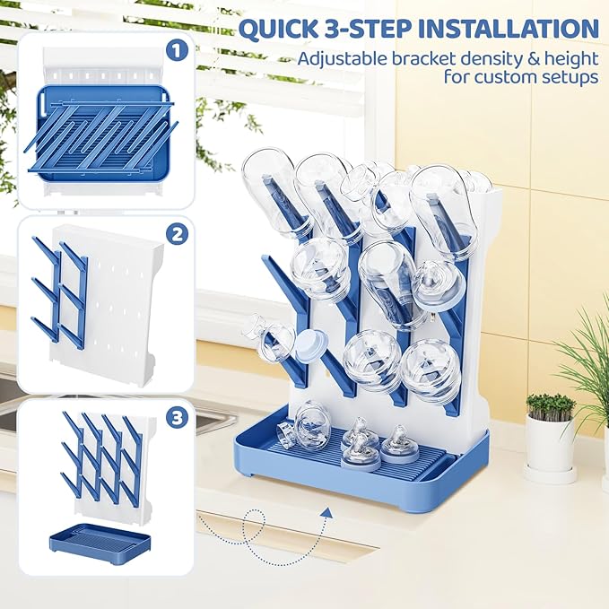 Dayacoco Baby Bottle Drying Rack, Space Saving Vertical Bottles Dryer Holder, Standing Bottle Drying Rack for Countertop Kitchen Organize Bottles, Brushes, Baby Accessories (Blue)