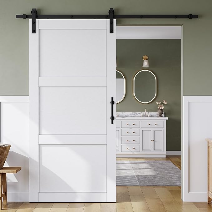 SmartStandard 40in x 84in Sliding Barn Door with 7FT Barn Door Hardware Track Kit & Handle, Waterproof PVC Surface, Pre-Drilled Holes Easy to Assemble, White, Solid, MDF, 3 Panel