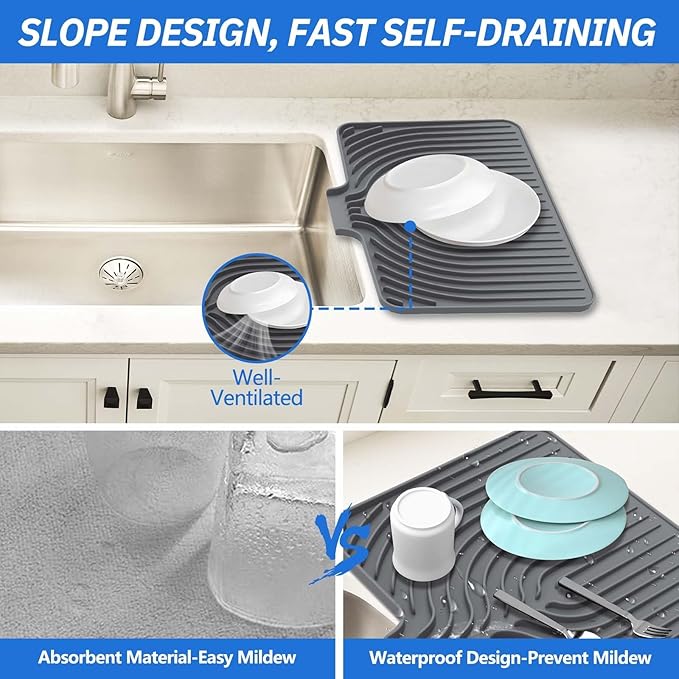 Compact Dish Drying Mat (14.7" x 10.2") - Small Silicone Drainer Mat with Spout for RV, Apartment, Kitchenette & Bar Counters, Heat Resistant