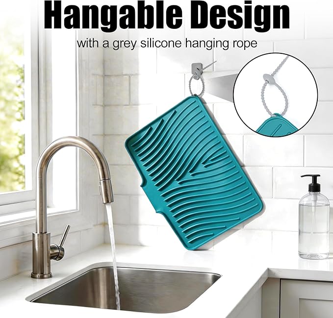 Silicone Dish Drying Mat for Kitchen Counter, Dish Drying Pad, Non-Slip Drain Pad with Built-in Drain, Heat Resistant Stone Drying Mat(16" x 12", Green)