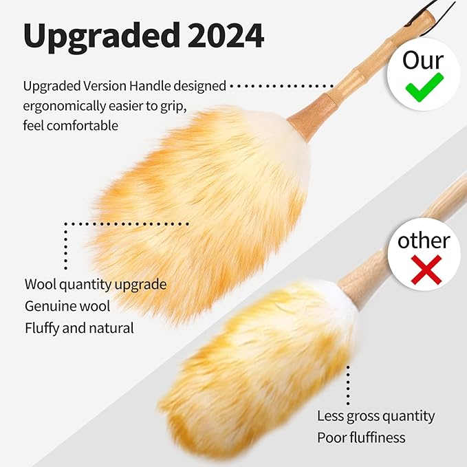 2-Pack Feather Duster Bundle: Ostrich Feather Duster (extendable from 10 to 15 inches) & Lambswool Duster (14.9 inches, Wooden Handle) - Anti-Static, Reusable, Eco-Friendly for Home, Car,