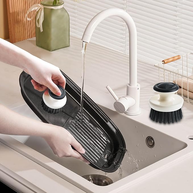 Dish Scrub Brush,Ergonomic Grip Palm Brush,Kitchen Scrub Brushes for Cleaning, Dish Scrubber with Stiff Bristles for Sink, Pots, Pans (Grey+Black)
