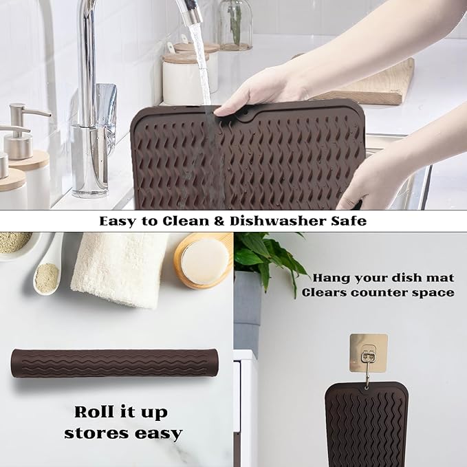 ZLR Silicone Dish Drying Mat 12" x 12" Square - Small Heat Resistant Trivet & Countertop Protector for Air Fryer, Coffee Maker - Waterproof Kitchen Drain Pad for Cups, Fruit (Coffee)