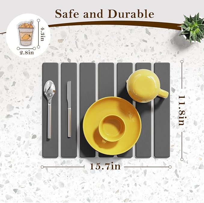 Stone Dish Drying Mats for Kitchen Counter,15.5“x 11.8”,Eco-Friendly,Foldable quick dry stone mat kitchen,Absorbent Diatomaceous Earth Mats for Dishes Bottles Cups Bathroom Any Countertop-Dark Gray