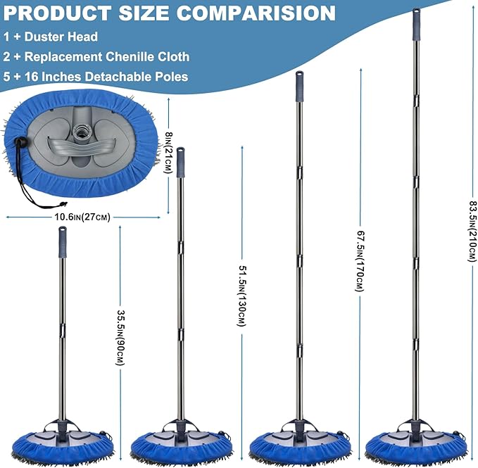 Max 83'' Wall Mop, Wall Cleaner with Long Handle, Ceiling Dust Mop with 15° Labor-Saving Elbow Extension Pole, Baseboard Duster Washer Scrubber, High Reach Window Cleaning Brush, Roof Cleaning Tool