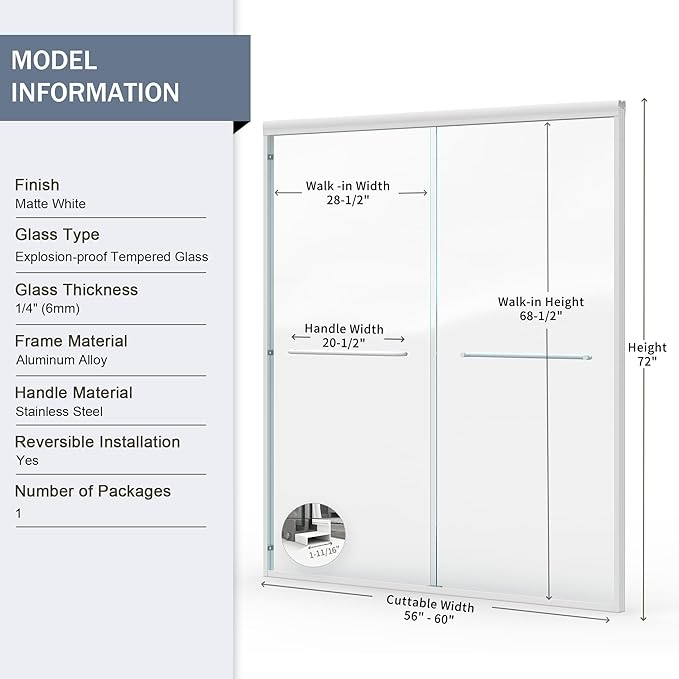 Abruzzo 56" - 60" Adjustable Width Double Sliding Shower Door - Semi-Frameless 72" Tall Bath Enclosure with 1/4" Tempered Glass, White Aluminum Frame for Walk-in Showers