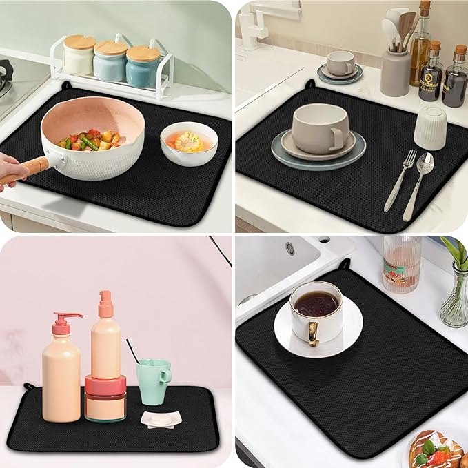 Microfiber Dish Drying Mat, Super Absorbent Kitchen Dish Drying Pad, Reversible for Countertop, 15*20 inch Black
