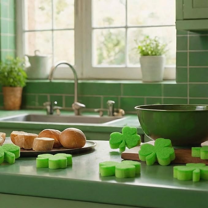 Tioncy 12 Pack St. Patrick's Day Clover Sponges Bulk Dual Sided Scrubber Sponges Dishwashing Kitchen Cleaning Accessories for Household Supplies