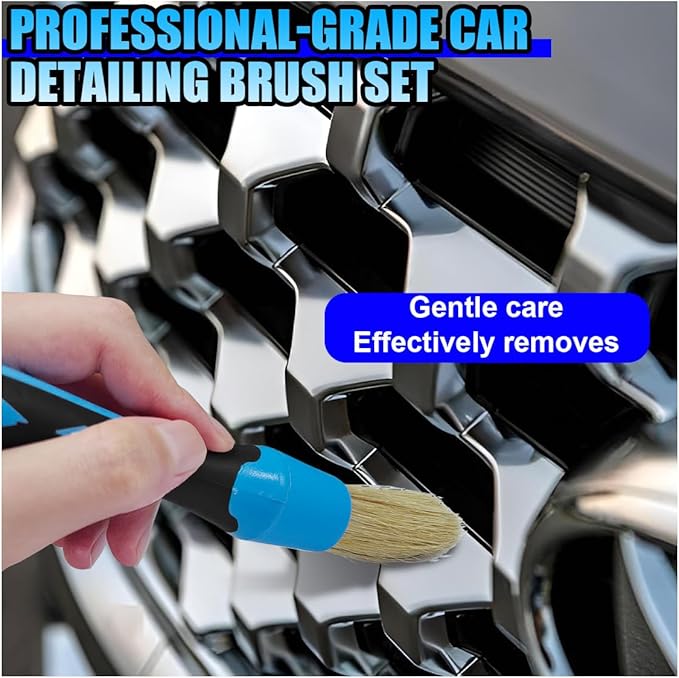 3PCS Car Detailing Brush Set, Soft Boars Hair No-Scratch Automotive Cleaning Brushes, Car Interior & Exterior Dusting Brush Auto Detailing Supplies for Air Vent, Leather Seat, Wheel (Blue)