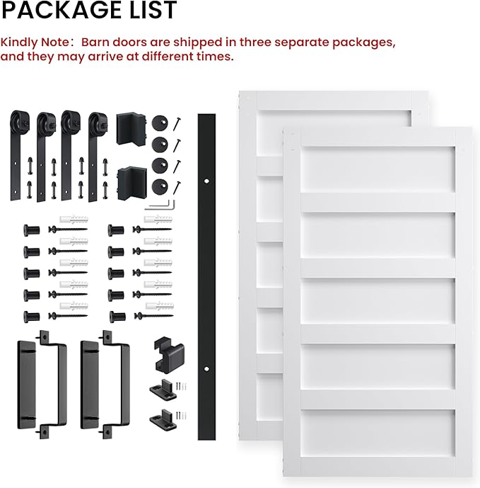 Double 40" x 84" White Barn Door with 14FT Sliding Door Hardware Kit Included, 5-Panel, Assemblely Needed, Waterproof PVC Surface, Max Opening 78in x 82in