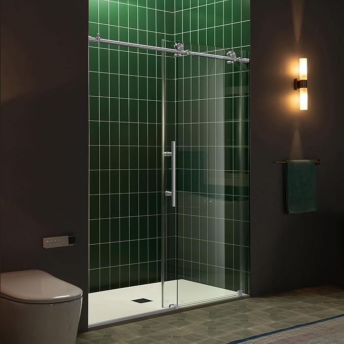 Woodbridge 57.5-60" W x 80" H Frameless Single Sliding Soft-Close Shower Door with Tempered Glass & Explosion Proof Film in Chrome Finish