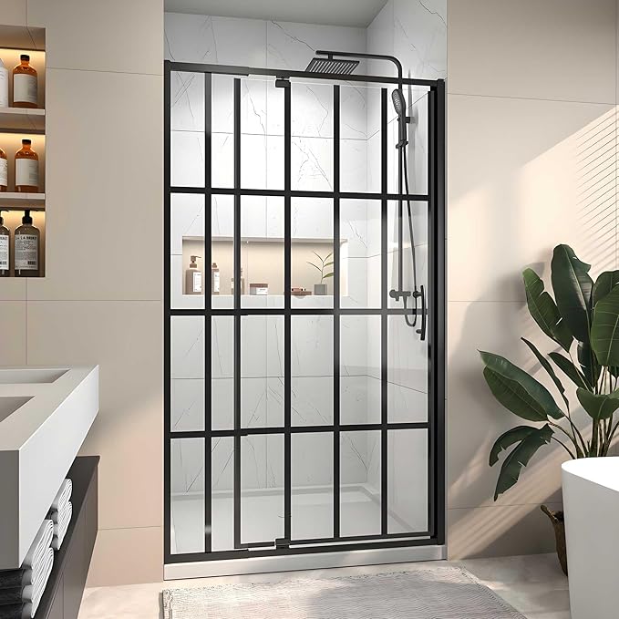 38-42" W x 71" H Pivot Glass Shower Door,Grid Pattern,1/4"(6mm) Thick SGCC Tempered Shower Glass Door,Matte Black Shower Door,Reversible Installation