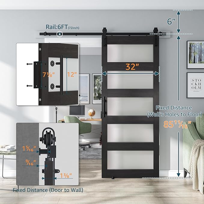 32'' x 84'' Glass Barn Door and 6 Ft Hardware Kit Included, MDF White Barn Door Slab with Frosted Glass, PVC Surface, Combined with Handle and Floor Guide-Assembly Required, Dark Grey