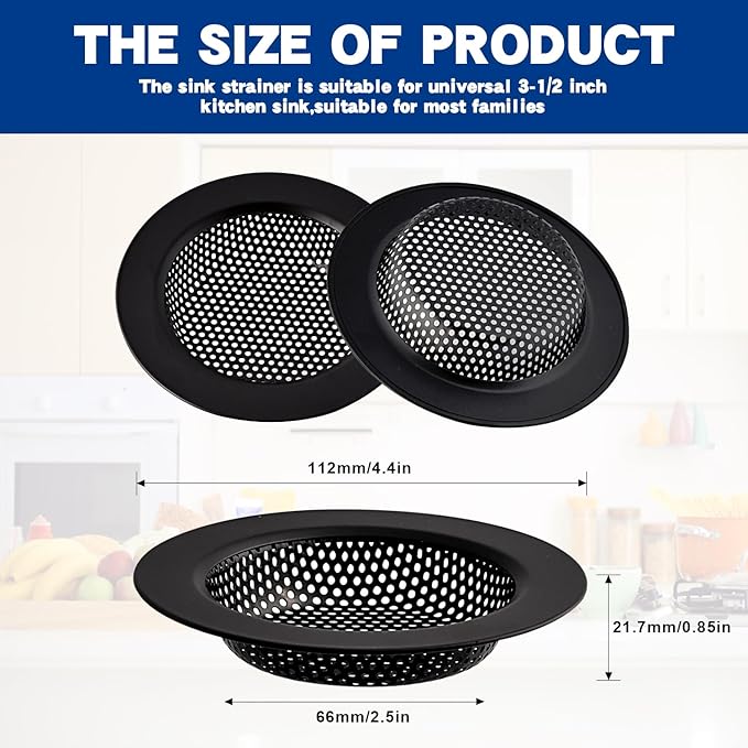 2PC Kitchen Sink Drain Strainer Stainless Steel with Mesh |4.4 inch Wide Rim Sink Drain Basket Cover | Anti-Clogging Food Catcher|Suitable for Most Sink Drains |Dishwasher Safe Drain Filter (Black)