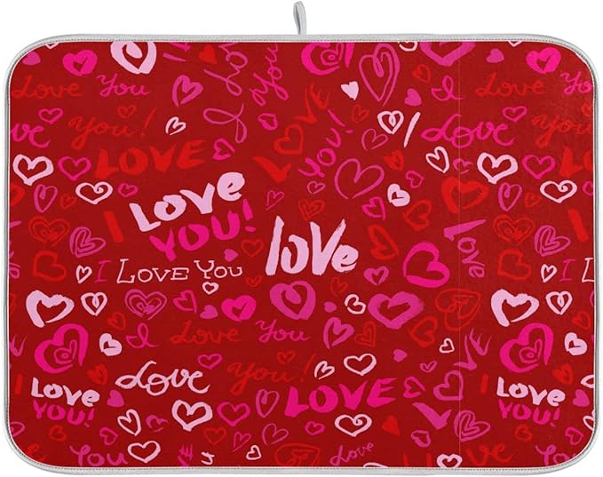 Happy Valentine's Day Dish Drying Mat for Kitchen Red Pink Heart Love Words Microfiber Drying Mats Absorbent Reversible Dish Pad Medium Dish Draining Mat 16x18 inch