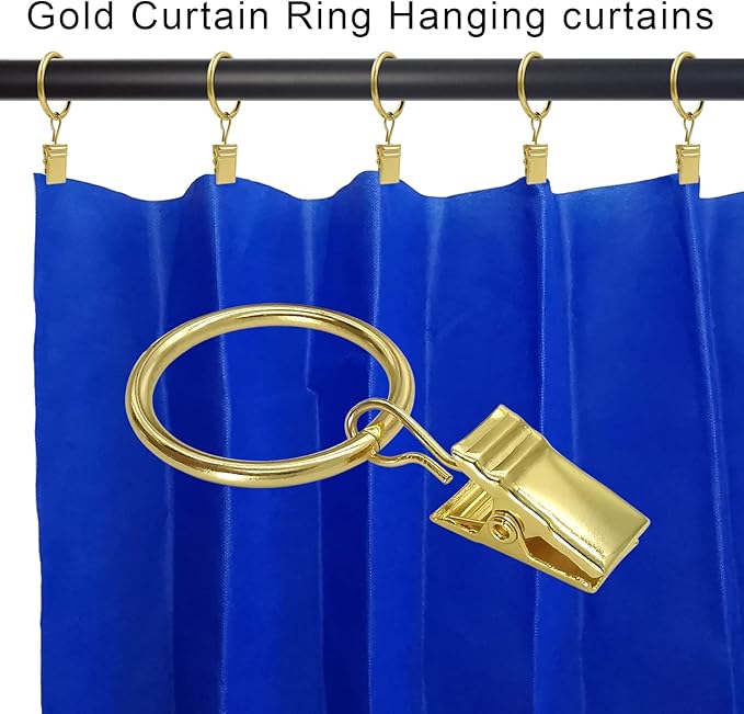 44 Pack Metal Curtain Rings with Clips, Drapery Clips with Rings, Drapes Rings 1 inch Inner Diameter, Fits Diameter 5/8 inch Curtain Rods, Gold