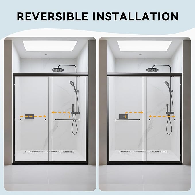 56-60" W x 70" H Semi-Frameless Double Sliding Shower Door, Bypass Bathroom Shower Glass Door with 1/4" (6mm) Clear SGCC Tempered Glass & Stainless Steel Handles, Denoise Design, Matte Black