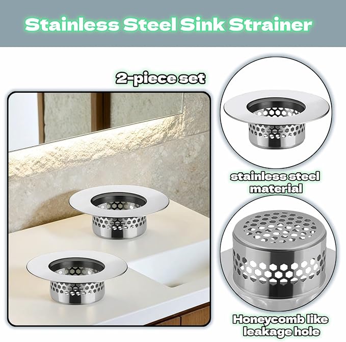 2-Pack Stainless Steel Drain Filter for Bathtub, Shower & Sink – 1.97” Universal Hair Catcher, Clog Preventer for Tub, Floor Drain, Bathroom Sink, Kitchen Sink – Easy Clean, Fast Flow, Odor & Guard