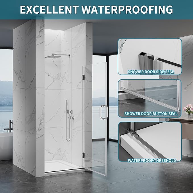 Framelss Hinged Shower Door, 32" W x 76" H Single Swing Pivot Shower Door, 3/8" (10mm) Tempered Glass with Nano Coating, Stainless Handle, Glass Door for Walk-in Shower - Bright Chrome
